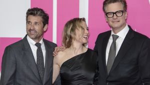 Oscar-Preisträgerin Renée Zellweger (47) stellte mit ihren Filmpartnern Colin Firth (55, rechts) und Patrick Dempsey (50, links) den neuen „Bridget Jones“-Film in Berlin vor. Foto: Getty Images Europe