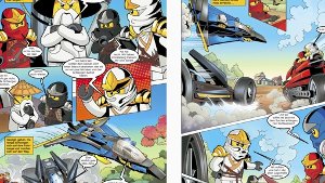 Das Bild zeigt eine Doppelseite aus dem Kindermagazin „Lego Ninjago“ des Verlags Blue Ocean Entertainment – die Comics sollen die Fantasie für Rollenspiele anregen. Foto: Firmenfoto