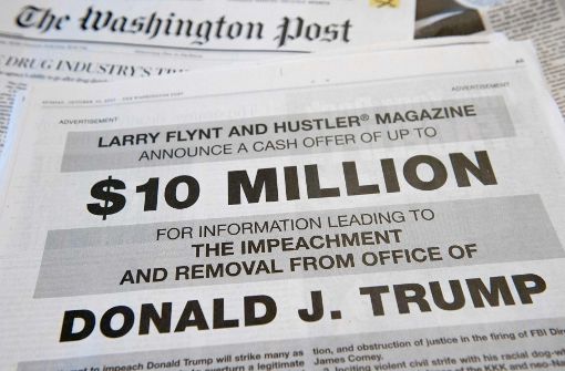 In einer ganzseitigen Anzeige in der „Washington Post“ bietet Larry Flynt 10 Millionen Dollar für schmutziges Material gegen Donald Trump. Foto: AFP