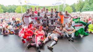 Die VfB-Mannschaft posiert vor den Fans für ein Foto Foto: dpa