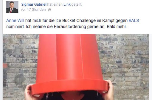 Die Sache mit dem Eimer - schon viele absolvierten so wie Anne Will die Ice Bucket Challenge. Foto: www.facebook.com/sigmar.gabriel