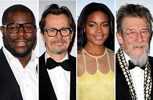 Bekannte Gesicher bei den London Critics Circle Film Awards: (von links) Steve McQueen, Gary Oldman, Naomi Harris und John Hurt. Foto: Getty Images | Montage: SIR