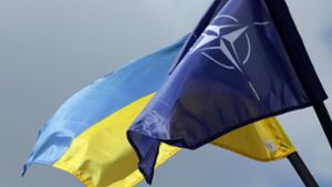 Die Nato (rechte Flagge) unterstützt die Ukraine (linke Flagge) bei ihrer Verteidigung gegen Russland. (Archivbild) Foto: AFP/PETRAS MALUKAS