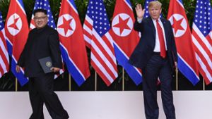 Vor den Flaggen Nordkoreas und der USA: Kim Jong Un und Donald Trump Foto: AP Pool