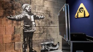 Weihnachtsgrüße von Banksy:  Links von dem Jungen ist eigentlich   ein brennender Container zu sehen, aus dem Aschepartikel aufsteigen. Das hier zu sehende  Kind empfängt die Asche mit freudig ausgestreckter Zunge, als wären es  Schneeflocken. Foto: LICHTGUT/Max Kovalenko