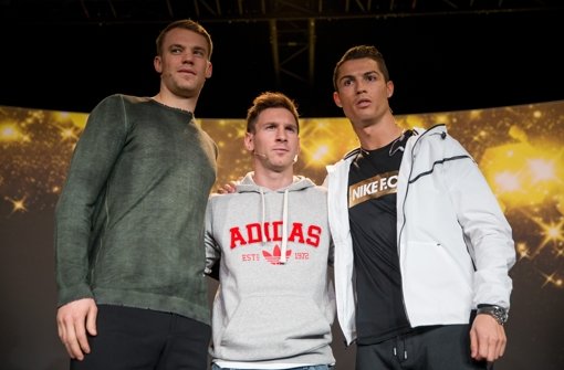 Manuel Neuer, Lionel Messi und Cristiano Ronaldo (von links) wollen Weltfußballer werden. Foto: Getty Images Europe