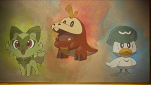 Die neuen Pokémon-Starter: Felori, Krokel und Kwaks (von links nach rechts) Foto: Game Freak / The Pokémon Company