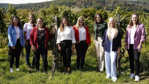 Die acht Bewerberinnen für das Amt der Weinkönigin in der Pfalz. Foto: dpa/Uwe Anspach