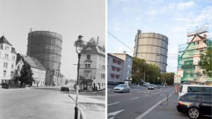 Der Gaskessel 1942 und heute – klicken Sie für einen detaillierten Vergleich und weitere Motive durch die Fotostrecke. Foto: Stadtarchiv, Lg/Piechowski / Montage: Plavec