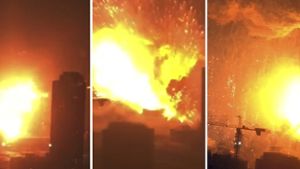 Die Explosion in Tianjin gefilmt von einem nahestehenden Gebäude. Foto: AP