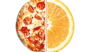 Der Albtraum aller Betreiber von Fitnessstudios: Obst essen, aber Pizza schmecken. Foto: / Adobe Stock/Baibaz, Adobe Stock/Nataliya Arzamasova – Collage Lisa Hofmann