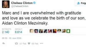 Chelsea Clinton ist Mutter eines Sohnes geworden. Foto: Screesnhot Twitter / Chelseaclinton