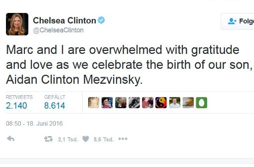 Chelsea Clinton ist Mutter eines Sohnes geworden. Foto: Screesnhot Twitter / Chelseaclinton