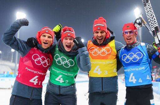 Bronze für die deutsche Biathlon-Staffel bei Olympia 2018: Erik Lesser, Benedikt Doll, Simon Schempp und Arnd Peiffer (v.l.n.r.) Foto: dpa