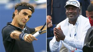 Zu Gast in Roger Federers (links) Box war kein geringerer als die US-amerikanische Basketball-Legende Michael Jordan. Er sah Federers Sieg gegen den Australier Marinko Matosevic (6:3, 6:4, 7:6 (7:4)). Foto: dpa/SIR-Montage