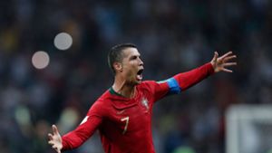 Cristiano Ronaldo trifft beim WM-Spiel gegen Spanien dreimal für Portugal. Foto: AFP