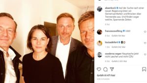 Annalena Baerbock, Robert Habeck (rechts), Christian Lindner und Volker Wissing (links) posteten alle dieses Selfie auf Instagram. Foto: Instagram/abaerbock