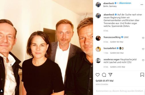 Annalena Baerbock, Robert Habeck (rechts), Christian Lindner und Volker Wissing (links) posteten alle dieses Selfie auf Instagram. Foto: Instagram/abaerbock