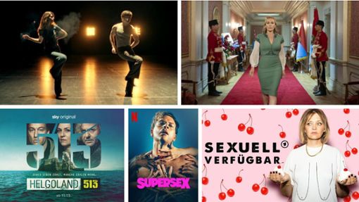 Einige unserer Streamingtipps im März: „Disko 76“, „The Regime“, „Sexuell verfügbar“, „Supersex“, „Helgoland 513“ (von links oben im Uhrzeigersinn) Foto: RTL+, HBO, ARD, Netflix, Sky