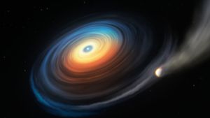 Diese Abbildung zeigt den Weißen Zwerg WDJ0914+1914 und seinen Neptun-ähnlichen Exoplaneten. Da der eisige Riese den heißen Weißen Zwerg in geringer Entfernung umkreist, streift die extreme ultraviolette Strahlung des Sterns die Atmosphäre des Planeten ab. Während das meiste dieses abgetragenen Gases entweicht, wirbelt ein Teil davon auf eine Scheibe, die ihrerseits auf den Weißen Zwerg strömt. Foto: /ESO/M. Kornmesser
