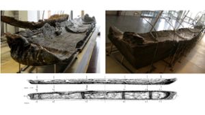 Diese Bildkombo zeigt Kanus im Museo delle Civiltà und Zeichnungen dazu. Die abgenutzten Überreste der mehr als 7000 Jahre alten Einbaumboote lassen erahnen, wie ausgeprägt das Wissen über die Seefahrt bereits in der Jungsteinzeit war. Foto: Gibaja Et Al./2024/Plos One/C/dpa