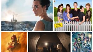 Unsere Streaming-Empfehlungen fürs Wochenende: „Lykkeland“, „Wendehammer“, „Titans“, „Night Sky“ und „Das Buch von Boba Fett“ (von links oben im Uhrzeigersinn) Foto: arte, ZDF, Netflix, Amazon, Disney+
