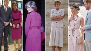 Da muss man zwei Mal hinschauen: Prinzessin Diana (Mitte) in Kleidern, die ihre Schwiegertöchter Kate (links) und Meghan (rechts) heute ganz ähnlich tragen. Foto: Imago/dpa/AP