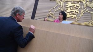 AfD-Politiker Jörg Meuthen im Gespräch mit Landtagspräsidentin Muhterem Aras (Grüne). Foto: dpa