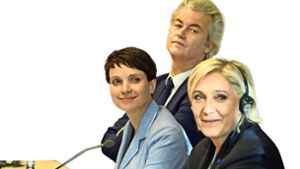 Kein rechter Platz mehr frei: Geert Wilders, Frauke Petry und Marine Le Pen (vorn) beim gemeinsamen Kongress. Foto: AFP