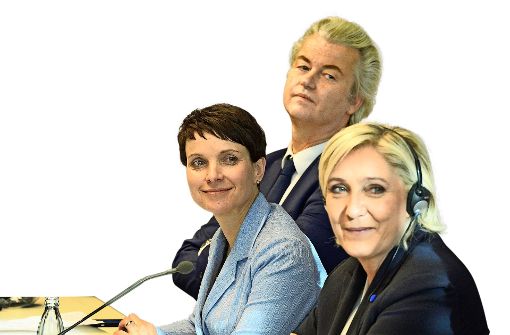 Kein rechter Platz mehr frei: Geert Wilders, Frauke Petry und Marine Le Pen (vorn) beim gemeinsamen Kongress. Foto: AFP