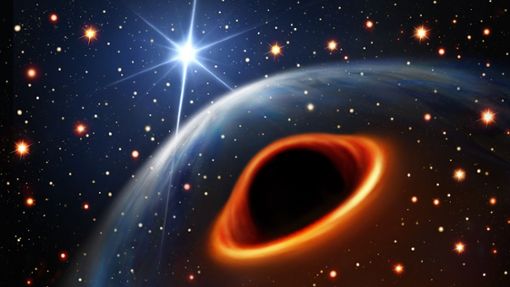 Künstlerische Darstellung des Systems unter der Annahme, dass das Objekt ein schwarzes Loch ist. Der hellste Hintergrundstern ist sein Begleiter, der Pulsar PSR J0514-4002E. Foto: Daniëlle Futselaar/artsource.nl via EurekAlert!/dpa