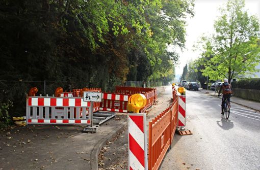 Der Gehweg an der Paracelsusstraße in Plieningen ist abgesperrt. Foto: Caroline Holowiecki