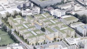Der Bürokomplex zwischen Schockenried- und Industriestraße soll einladend gestaltet werden, die neue Mitte für die Öffentlichkeit zugänglich sein. Foto: O&O Baukunst / Rendering: Finest Images
