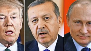 Diese Männer wollen richtige Kerle sein: Trump, Erdogan, Putin (von links). Foto: dpa