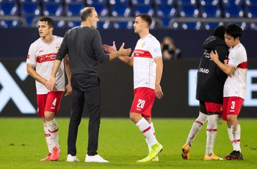 Gratulation zum Einstand: VfB-Trainer Pellegrino Matarazzo beglückwünscht  Philipp Förster. Foto: Baumann