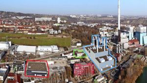 So könnte es nach dem Umbau aussehen: das neue Werkstattgebäude (rot), das neue Umspannwerk (grün) und die neue Fuel-Switch-Anlage (blau). Foto: /3D-Montage: EnBW