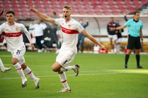 Sasa Kalajdzic beim Torjubel zum 1:1 gegen Bayer 04 Leverkusen. Foto: Pressefoto Baumann/Hansjürgen Britsch