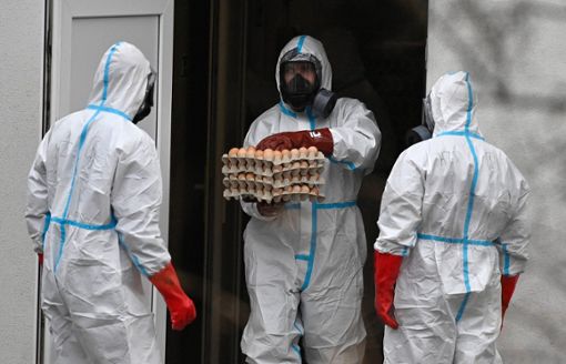 Einsatzkräfte in Schutzanzügen treten am 15. Februar 2024  im tschechischen Vaneè aus einem Desinfektionszelt, das nach Ausbruch der Vogelgrippe auf einer Hühnerfarm errichtet wurde. Foto: Imago/CTK Photo