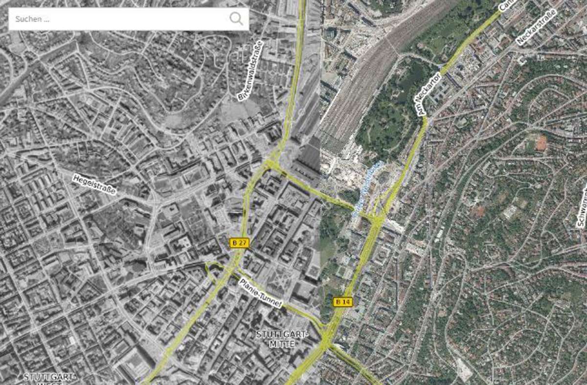 Mit unserer Bildersuche finden Sie jedes Haus und jede Straße in Baden-Württemberg 1968 und heute. Foto: Screenshot/ZGS
