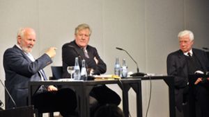 Ernst U. von Weizsäcker, Moderator Wolfgang Riedel und Martin Heisenberg (von links) Foto: DLA Marbach