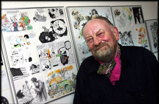 Kurt Westergaard vor seinen Karikaturen Foto: dpa/Preben Hupfeld
