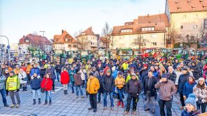 Circa 250 Menschen protestieren auf dem Elbenplatz. Sie ärgern sich über die Pläne der Ampelregierung und fürchten um die Zukunft der Landwirtschaft. Foto: Stefanie Schlecht/Stefanie Schlecht