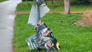 Ein Plakat der Grünen hängt zerstört an einem Laternenpfahl. Foto: /Annika Grah