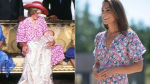 Zwischen diesen beiden Blümchenkleidern liegen 38 Jahre: Prinzessin Diana (links) im Jahr 1982 und Herzogin Kate 2020. Foto: Imago/AFP