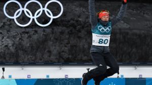 Luftsprung bei Olympia 2018: Biathletin Laura Dahlmeier jubelt über die Bronzemedaille. Foto: AFP