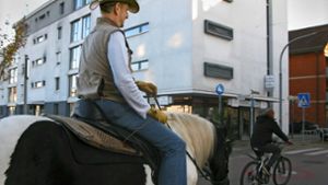 Hoch zu Ross geht es auch gerne durch die Fellbacher Bahnhofstraße: Gerhard Knauer und sein Pferd Sancho Pancho Foto: Eva Schäfer
