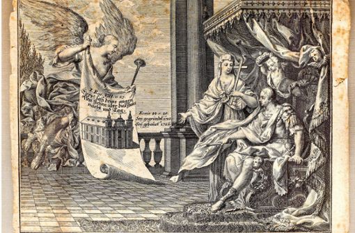 Ein Kupferstich zeigt, wie ein Engel dem Stadtgründer Ludwig eine Ansicht der Kirche ausrollt. Foto: factum/Jürgen Bach