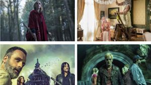 Der Serien-Oktober wird spannend mit „Chilling Adventures of Sabrina“, „The Romanoffs“, „Deutschland 86“ und „The Walking Dead“ (von links oben im Uhrzeigersinn). Einige weitere erste Serieneindrücke zeigt unsere Bildergalerie. Foto: Amazon, Fox, Netflix