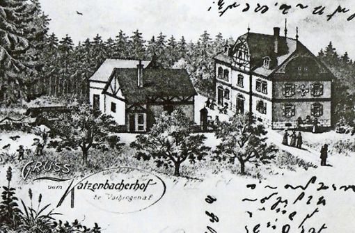 Der Büsnauer Richard Weber schreibt zu dieser historischen Postkarte des Katzenbacher Hofs: Diese Postkarte stammt, den Kleidern der abgebildeten Personen nach geschätzt, etwa von 1910. Die Postkartenansicht zeigt die 1896 neu erstellten Gebäude. Foto: Caroline Holowiecki