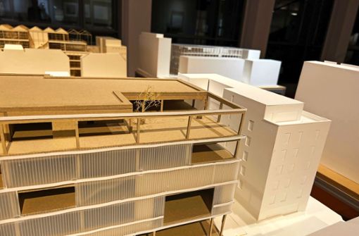 Das Modell zeigt einen möglichen Neubau für das Haus der Kulturen in der Steinstraße. In weißem Karton daneben zum Größenvergleich das bestehende Hotel Emilu. Foto: STZN/ks